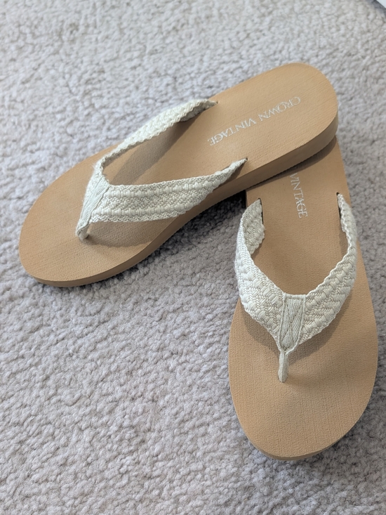 Crown Vintage Shoes - Crown Vintage Braided Cream Strap Tan Footbed Flip Flops